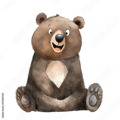 Cute cartoon bear with a big smile sitting happily. Perfect for kids' illustrations, greeting cards, and educational materials.