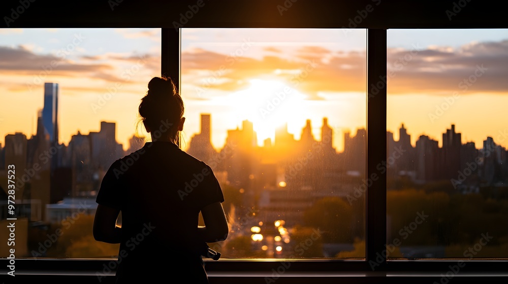 Fototapeta premium A young housekeeper attentively cleaning a large window in a vibrant city apartment, the reflection of bustling traffic and skyscrapers visible in the glass