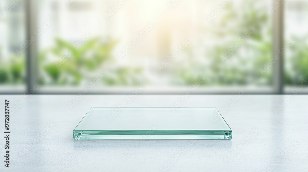Contemporary Glass Podium highlighted from the front against a stylish modern office backdrop showcasing various product displays. Contemporary Glass Podium highlighted from the front against a stylish modern office backdrop showcasing various product displays.