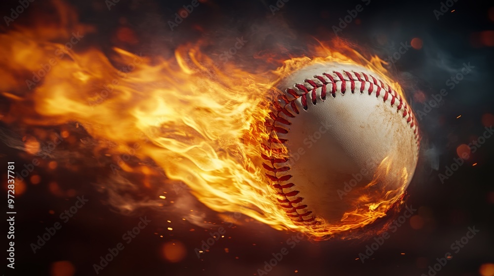 Baseball on fire flying with intense energy Baseball on fire flying with intense energy