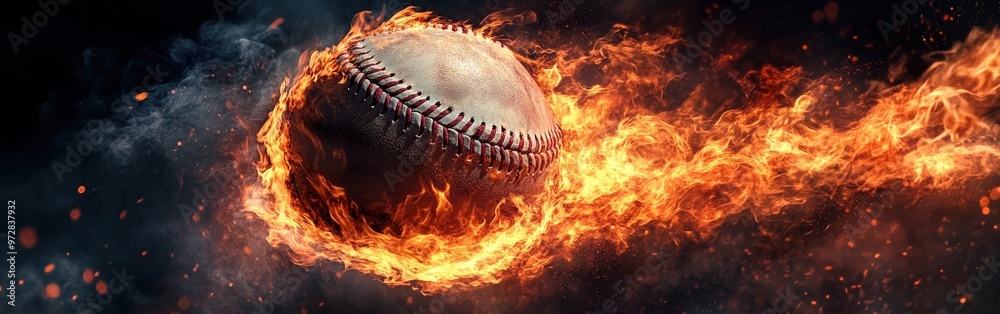 Baseball on fire flying with intense energy Baseball on fire flying with intense energy