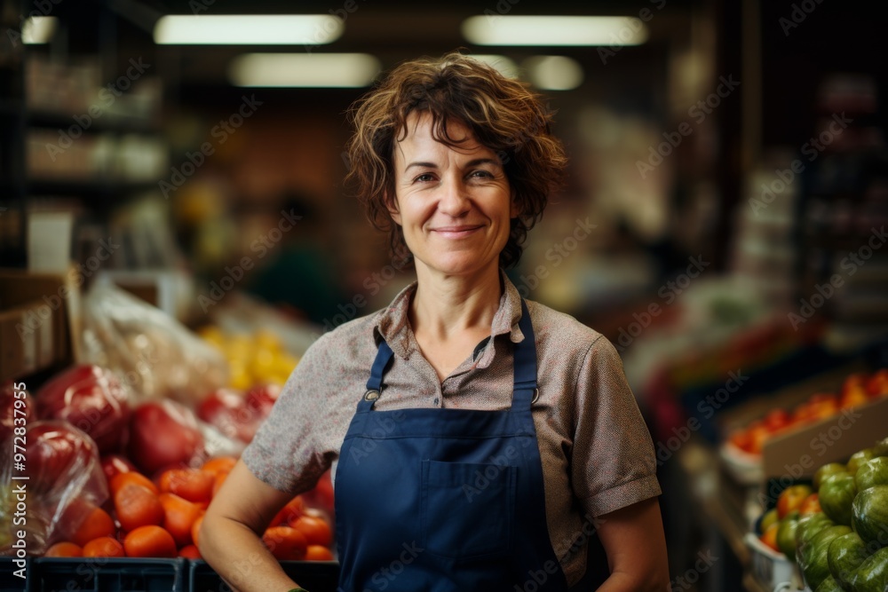 Portrait of a middle aged female worker in grocery store Portrait of a middle aged female worker in grocery store