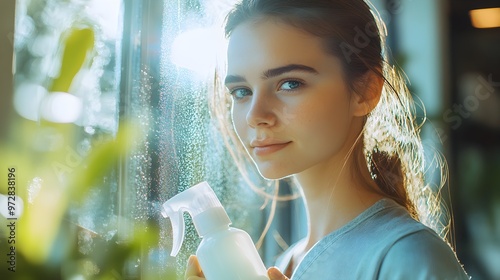 Close-up of a diligent woman housekeeper polishing a glass window, spray bottle in hand, delicate reflections on the surface, bright indoor setting photo