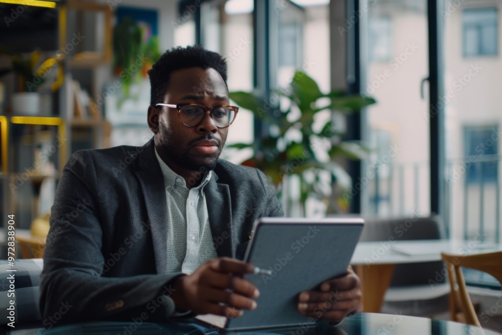 A recruiter is conducting virtual interviews on a tablet in a quiet office A recruiter is conducting virtual interviews on a tablet in a quiet office