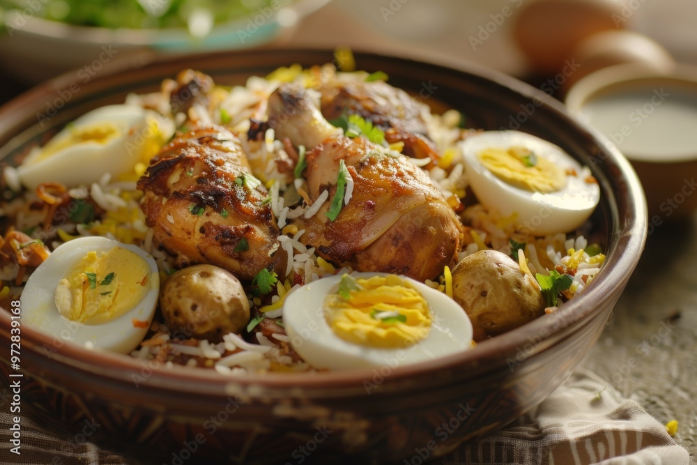 Biryani: A dish of flavorful biryani with chicken, potatoes Biryani: A dish of flavorful biryani with chicken, potatoes
