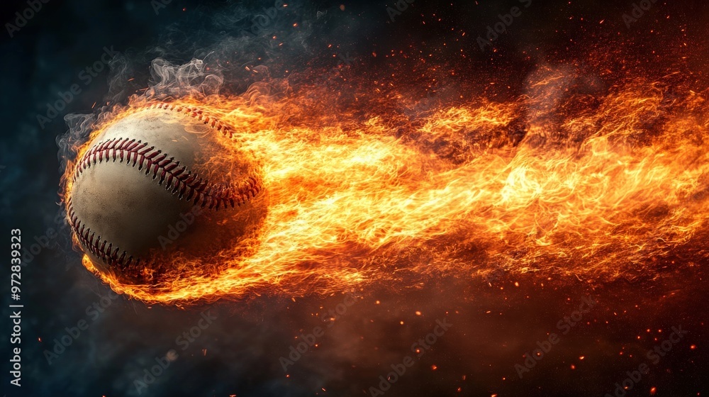 Baseball on fire flying with intense energy