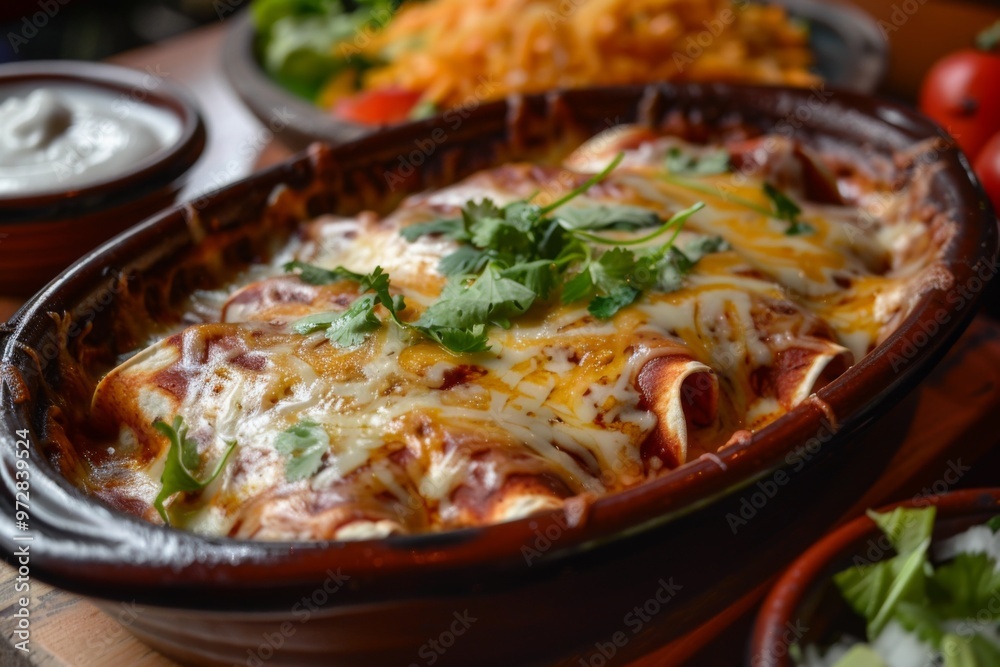 Enchiladas: A dish of enchiladas covered in red sauce and melted cheese Enchiladas: A dish of enchiladas covered in red sauce and melted cheese