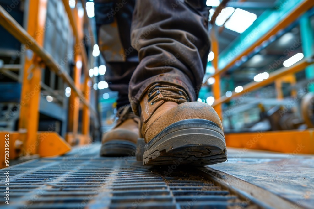 Close up of safety working shoe on worker feet standing in factory Close up of safety working shoe on worker feet standing in factory