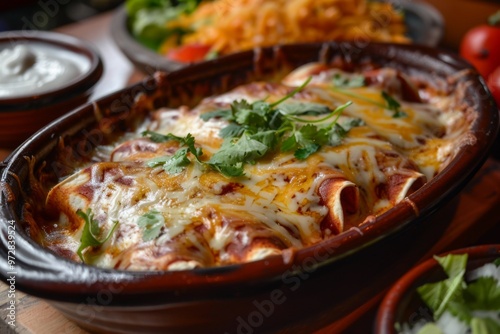 Enchiladas: A dish of enchiladas covered in red sauce and melted cheese