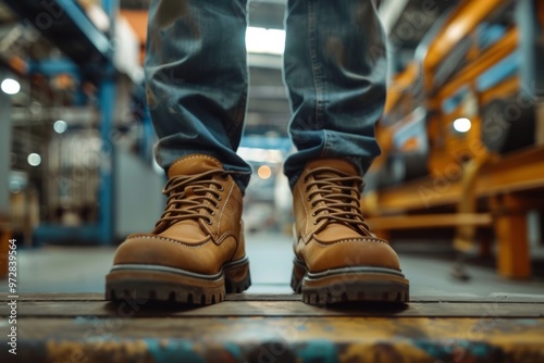 Close up of safety working shoe on worker feet standing in factory