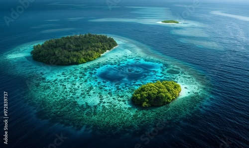 aerial view of lush tropical island surrounded by vibrant turquoise waters of sea or ocean and coral reefs during the day