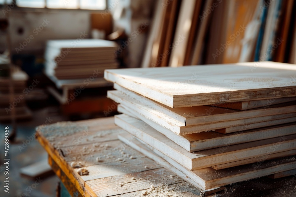 High angle shot shows a stack of white plywood boards neatly arranged on a workshop table with sawdust High angle shot shows a stack of white plywood boards neatly arranged on a workshop table with sawdust