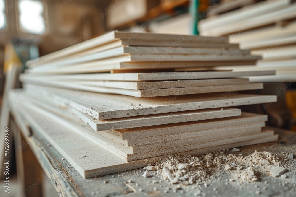 High angle shot shows a stack of white plywood boards neatly arranged on a workshop table with sawdust High angle shot shows a stack of white plywood boards neatly arranged on a workshop table with sawdust
