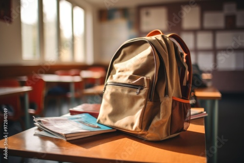 Open book bag with notebooks inside laying on the desk in classroom