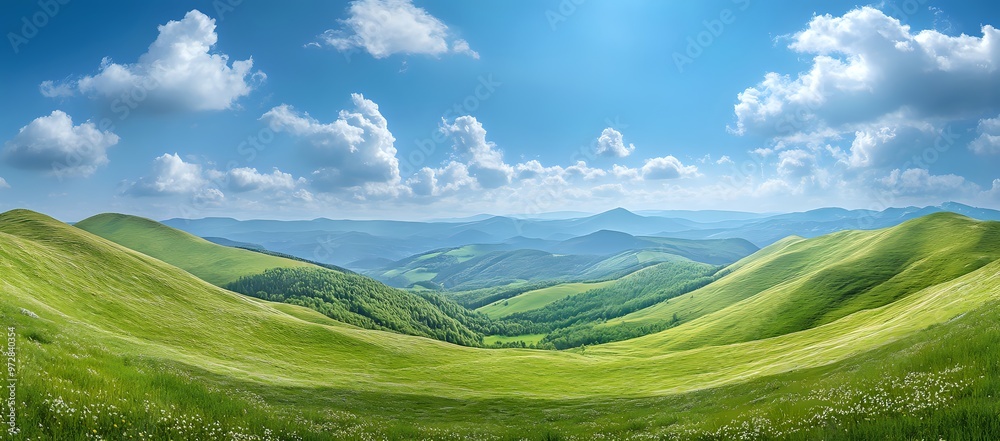 Rolling green hills and a clear blue sky with fluffy clouds. Rolling green hills and a clear blue sky with fluffy clouds.