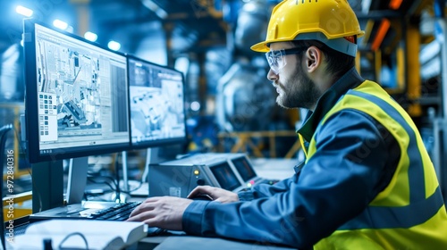 A man in a yellow safety vest is working on a computer. He is wearing a hard hat and glasses.Generative ai illustration.