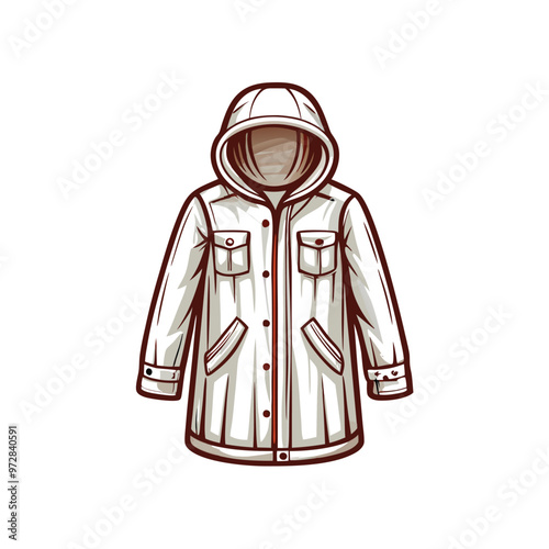 Illustration of a long, white raincoat with a transparent hood and two pockets.