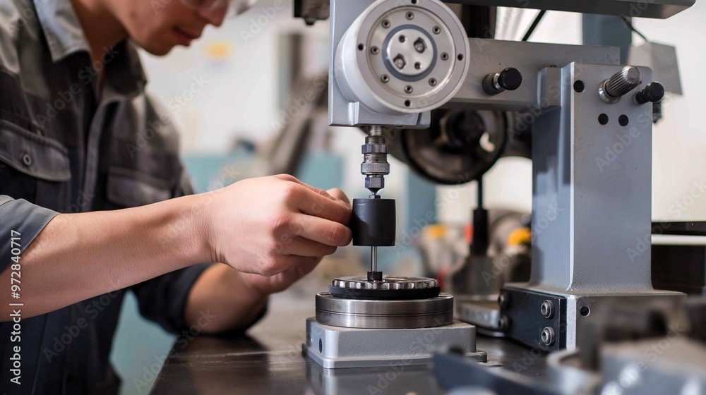 A man is working on a machine that has a small black object in his hand. The machine is a lathe and the man is adjusting the settings.Engineer calibrating machine for quality output.Generate ai. A man is working on a machine that has a small black object in his hand. The machine is a lathe and the man is adjusting the settings.Engineer calibrating machine for quality output.Generate ai.