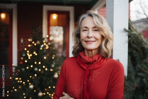 Portrait of a elderly senior woman smiling in front of nursing home decorated for Christmas holidays