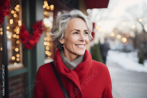 Portrait of a elderly senior woman smiling in front of nursing home decorated for Christmas holidays