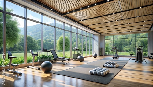 Modern eco friendly gym with floor to ceiling windows blending fitness equipment and nature for a relaxing workout environment featuring exercise balls mats and scenic views