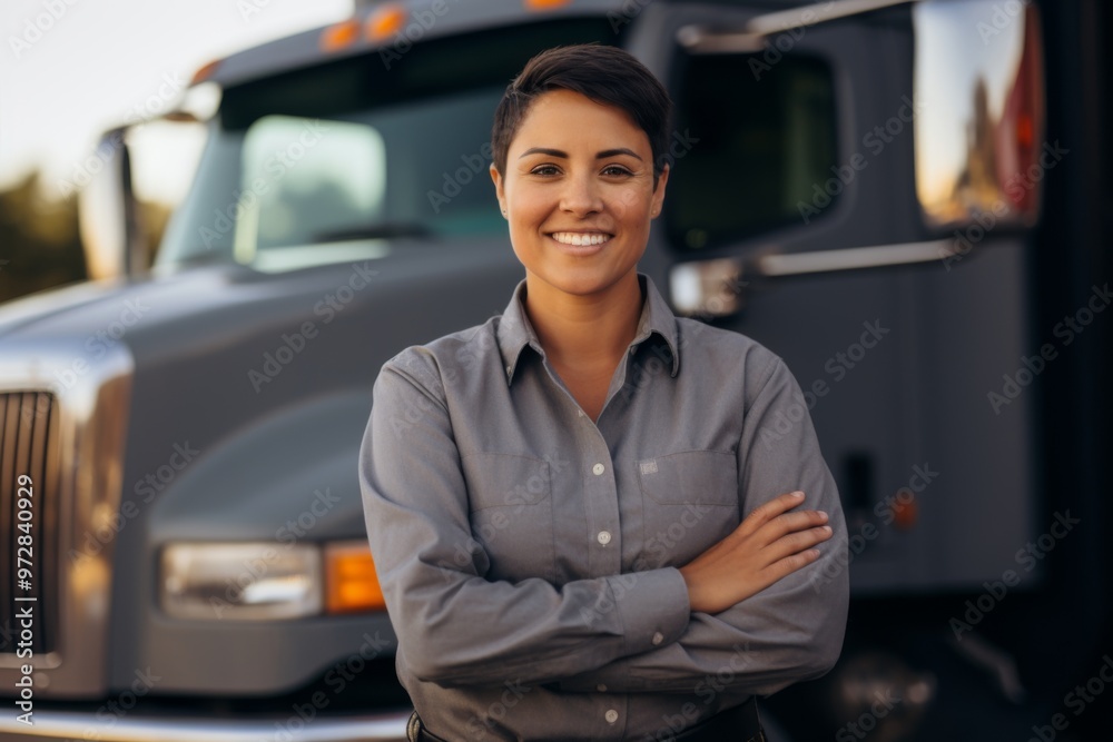 Portrait of a body positive middle aged Hispanic female truck driver Portrait of a body positive middle aged Hispanic female truck driver