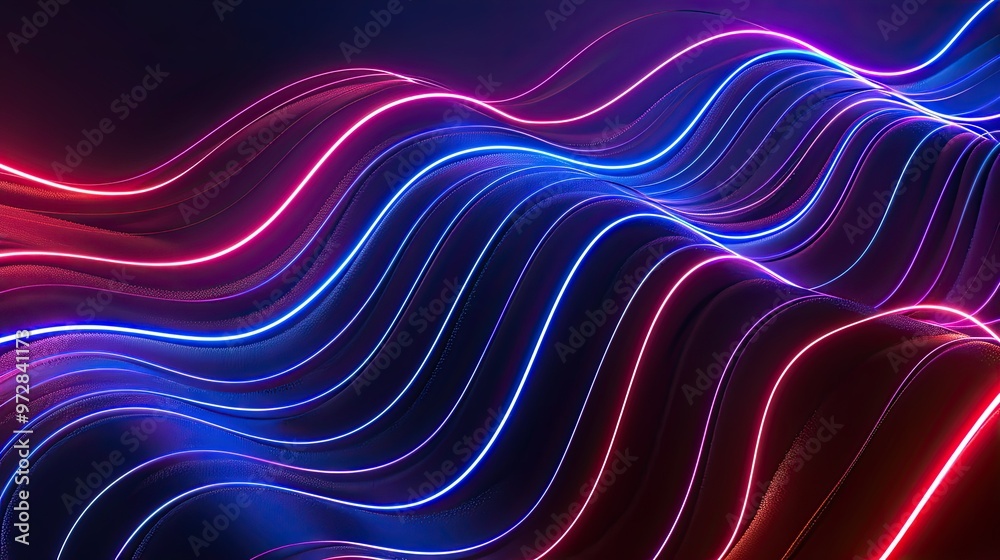 Fototapeta premium A vibrant display of flowing neon waves in pink and blue, creating a dynamic and energetic visual effect.