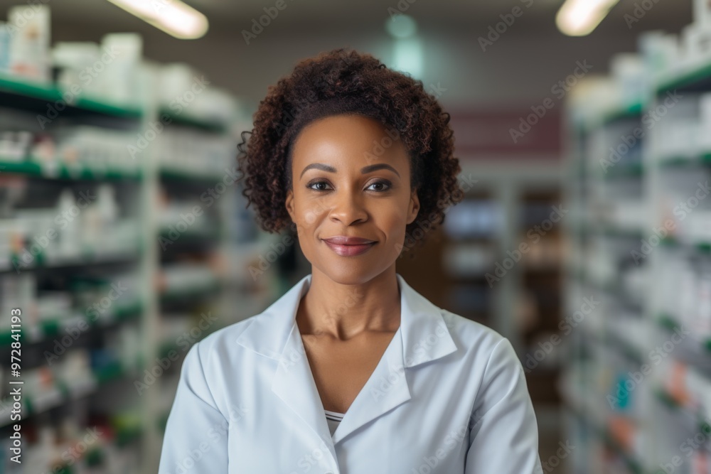 Portrait of a middle aged African American female worker in pharmacy Portrait of a middle aged African American female worker in pharmacy