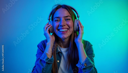 Wallpaper Mural Joyful young woman in casual clothes listening to music with headphones in a neon-lit studio.






 Torontodigital.ca