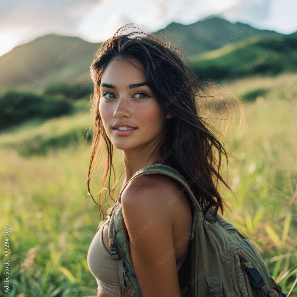 Chinese hiker in nature looking back at camera