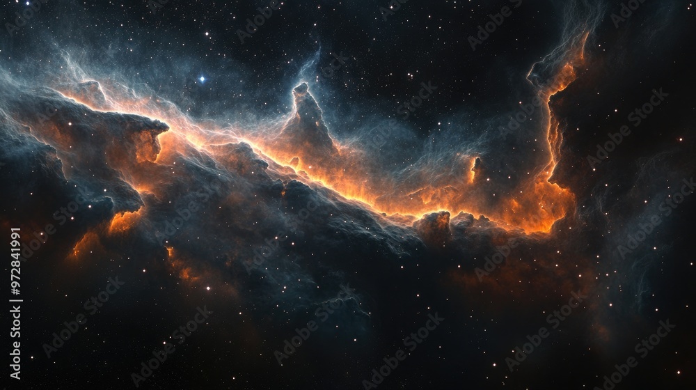 A swirling nebula of gas and dust in space, illuminated by distant stars. A swirling nebula of gas and dust in space, illuminated by distant stars.