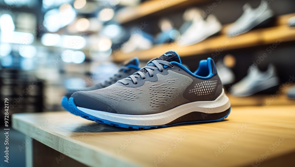 Trendy running shoes displayed on a wooden shelf in a bright sports store Trendy running shoes displayed on a wooden shelf in a bright sports store