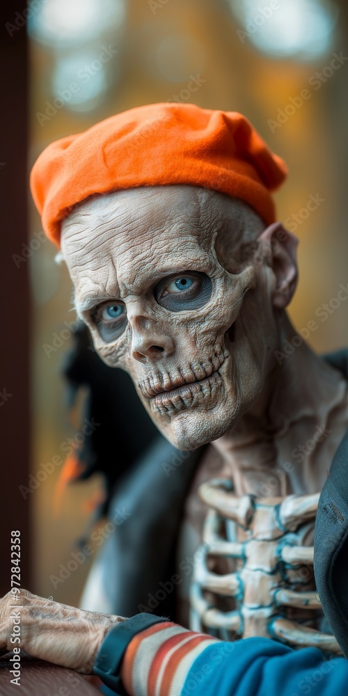 Skeleton Decoration Wearing an Orange Hat for Halloween in a Cozy Setting Skeleton Decoration Wearing an Orange Hat for Halloween in a Cozy Setting