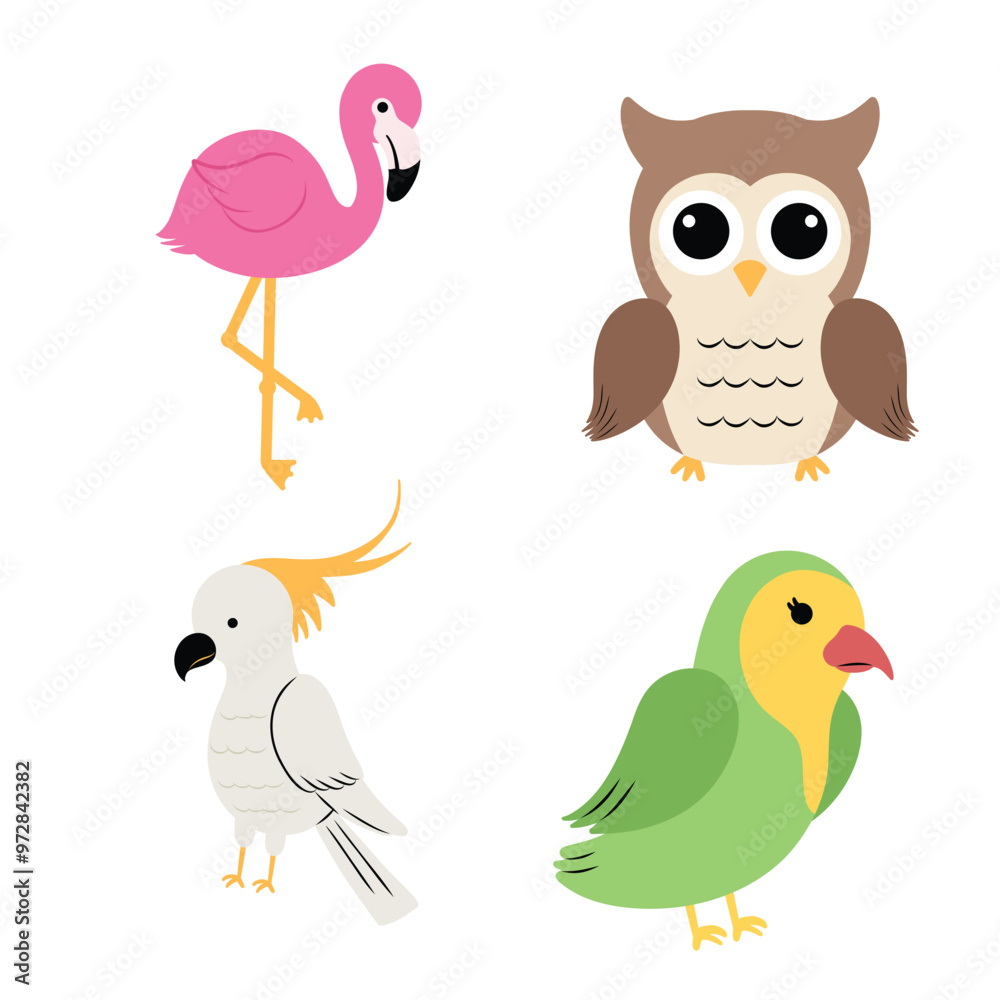 Four cute and colorful birds, a flamingo, an owl, a cockatoo, and a parrot are depicted in this illustration.
