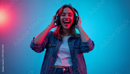 Joyful young woman in casual clothes listening to music with headphones in a neon-lit studio.