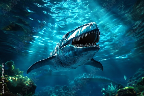 A deep Jurassic sea, filled with ancient marine life like the Ichthyosaurus and the massive Mosasaurus photo