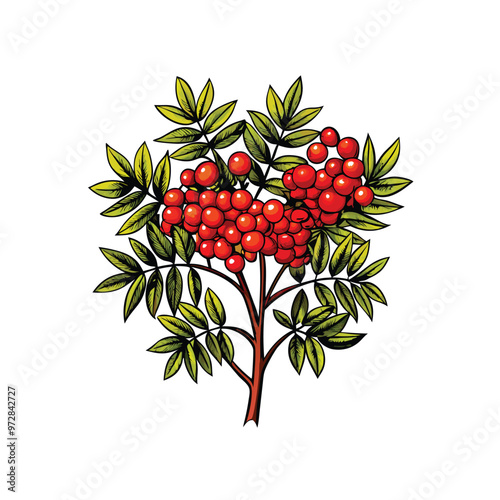 A detailed illustration of a rowan tree with red berries and green leaves.