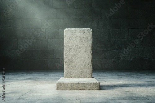 Timeless Stone Podium front view focus showcasing product displays against a backdrop of a lively historical reenactment event. photo