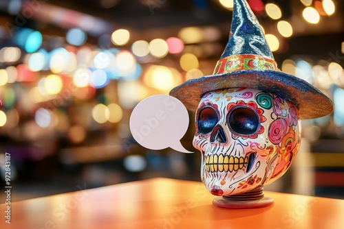 Colorful Decorative Skull With a Witch Hat Displayed at a Halloween Event photo