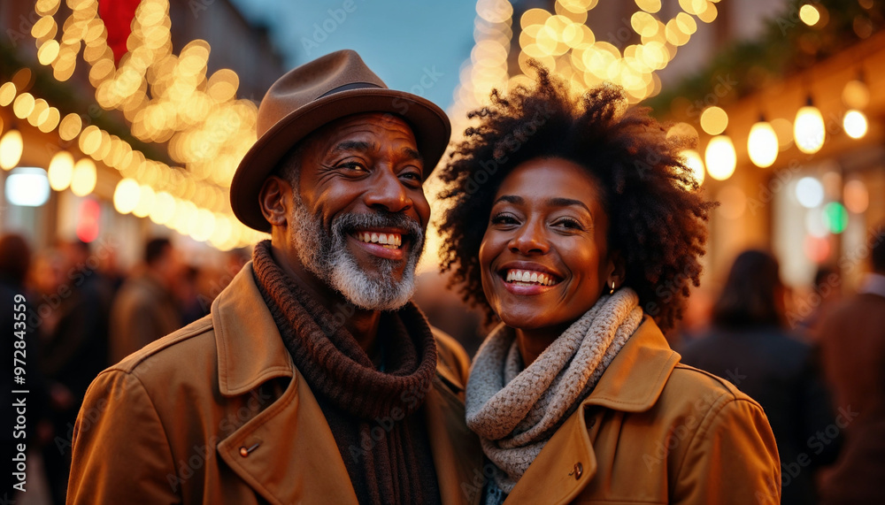 Happy senior African American couple enjoying a New Year street fair, surrounded by festive garlands and lights.
Happy senior African American couple enjoying a New Year street fair, surrounded by festive garlands and lights.