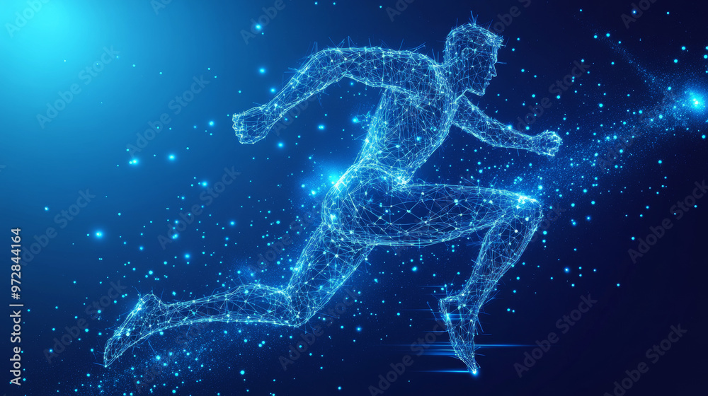 The vector illustration features a digital running man in motion, set against a futuristic technological blue background. The athlete’s silhouette is composed of scattered particles, points, lines, an The vector illustration features a digital running man in motion, set against a futuristic technological blue background. The athlete’s silhouette is composed of scattered particles, points, lines, an