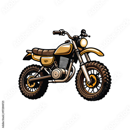 A yellow scrambler motorcycle with knobby tires.