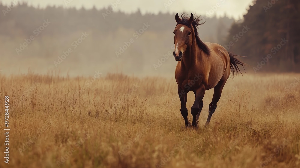 A brown horse gallops through a misty meadow during early morning in a serene landscape surrounded by trees A brown horse gallops through a misty meadow during early morning in a serene landscape surrounded by trees