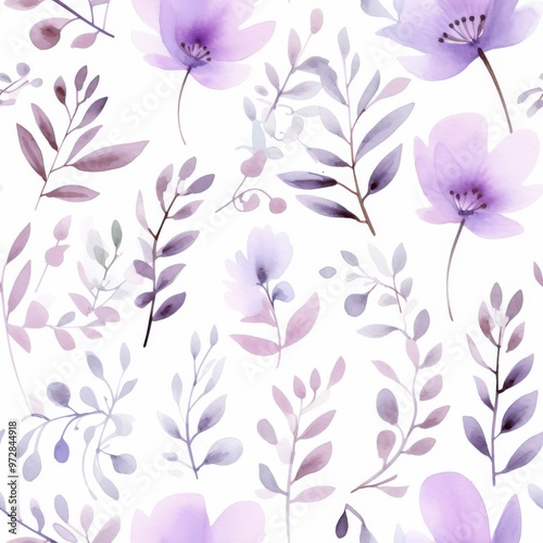 Watercolor Floral Seamless Pattern Purple Flowers and Leaves on White Background