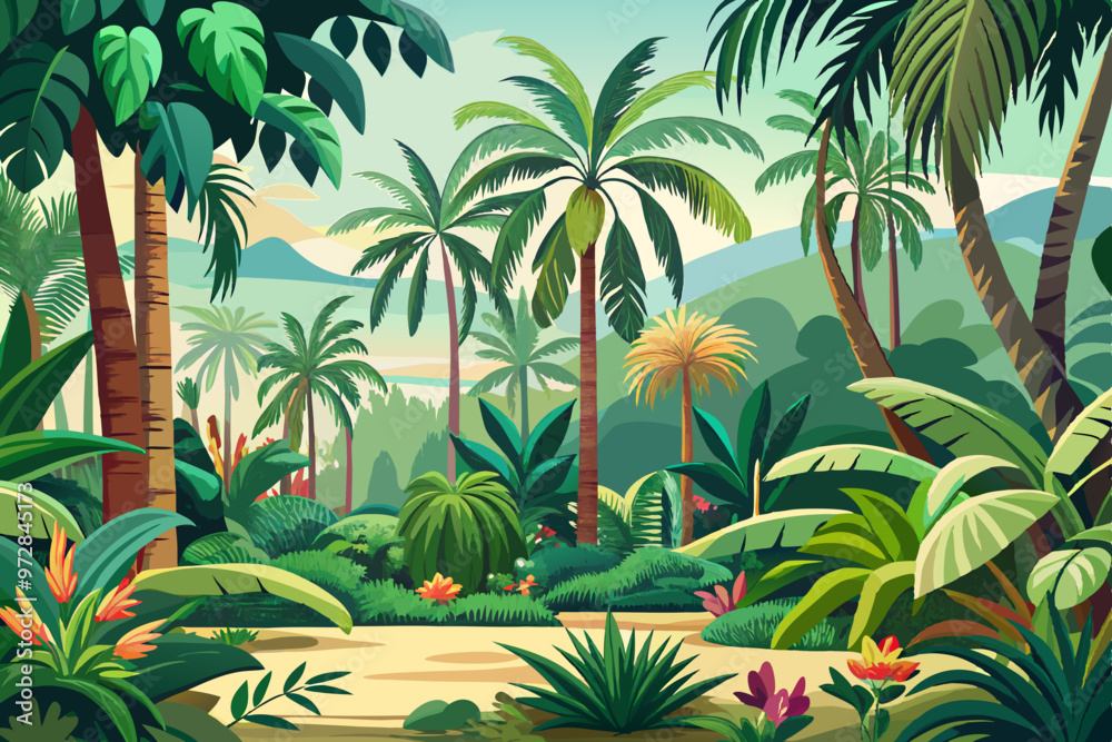 Fototapeta premium Traditional Paste Wall. Jungle Palms Wallpaper Mural