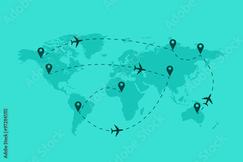 World map vector background with Airplanes, dotted lines, and location icons, Around the world via aircraft travel concept. Isolated on Green Background.