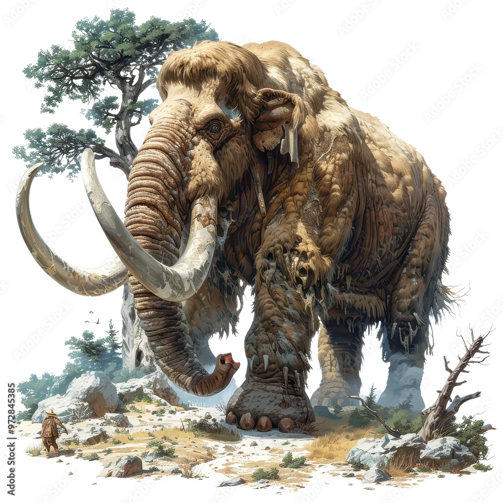 Fototapeta premium Woolly Mammoth in a prehistoric landscape with a human figure
