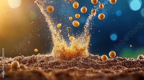 Crystal-clear close-up of mineralized fertilizers interacting with soil particles, boosting productivity