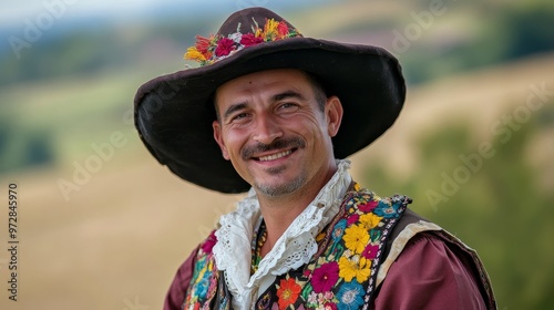 Joyful Hungarian Man in Traditional Folk Costume Embracing the Natural Beauty of Rural Landscape with Candid Smile