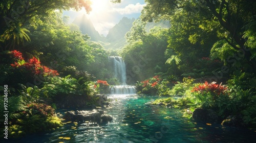 Serene waterfall in a lush tropical forest with vibrant flowers.